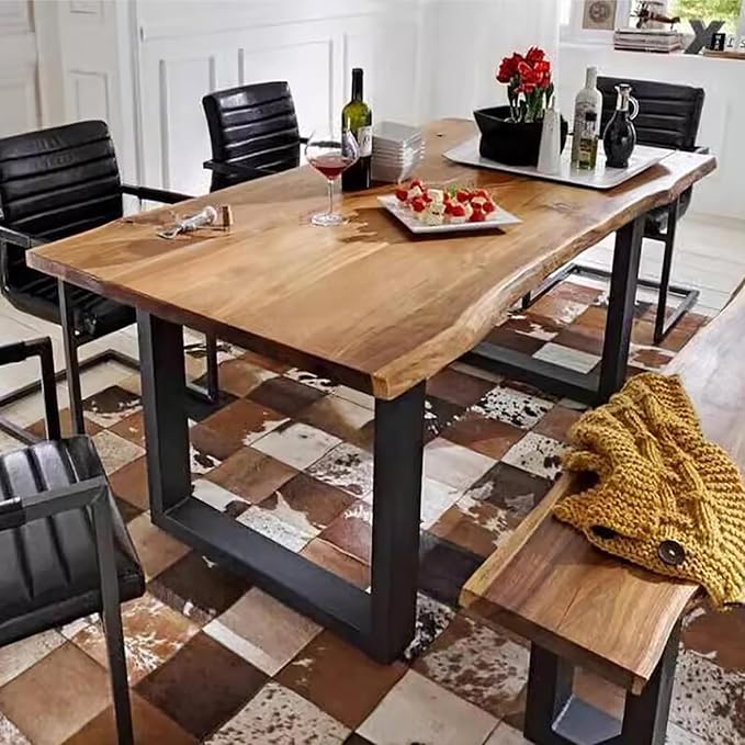 Industrial Solid Wood Dining Table,Rectangle Live Edge Kitchen Table,Rustic Pine Table Top & Metal Base,Large Long Dining Room Table for 2,4,6,8(70.9" L x 27.5" W x 29.5" H, Brown)