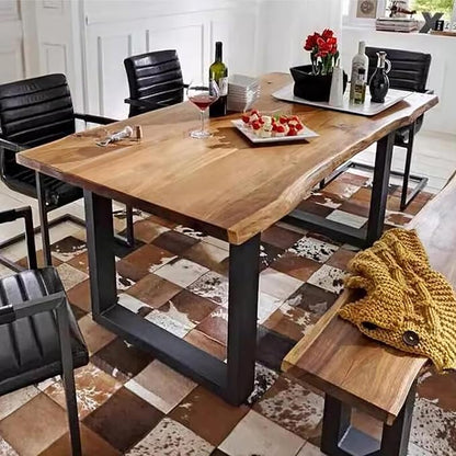 Industrial Solid Wood Dining Table,Rectangle Live Edge Kitchen Table,Rustic Pine Table Top & Metal Base,Large Long Dining Room Table for 2,4,6,8(70.9" L x 27.5" W x 29.5" H, Brown)