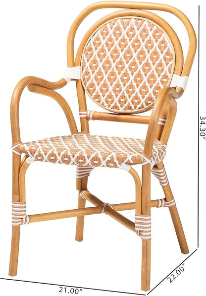 Bali & pari Mattie Rattan Bistro Chair - Handwoven Cafe-Style Dining Chair with Curved Arms for Kitchen Island or Indoor/Outdoor Lounge, Honey Natural & White