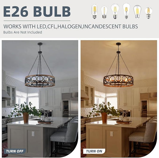 XINGQI 32.3" Large Drum Chandelier Farmhouse Black 8 Light Modern Rustic Pendant Lighting Fixture for Living Room Dining Room Kitchen Island Bar Office