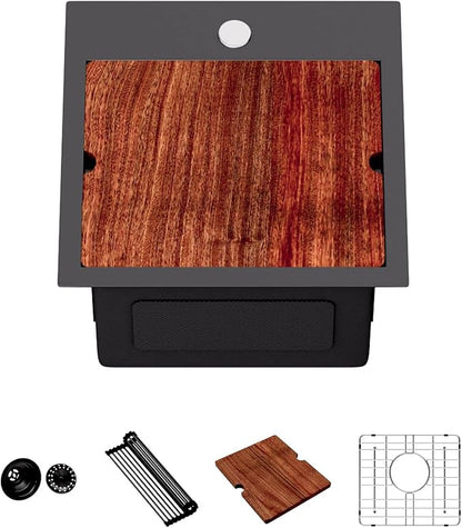 Lordear Bar Sink 15 Inch Black Drop In Kitchen Sinks Stainless Steel Bar Sink 16 Gauge Single Bowl Topmount Small Prep RV Sinks Square Basin