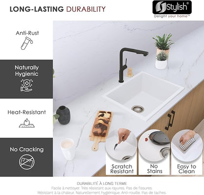 Stylish 22 x 17.5 Composite Granite Kitchen Sink, Single Bowl Under Mount & Drop in, 8.25 in Deep, Rear-Center Drain, with Strainer, White, S-822H
