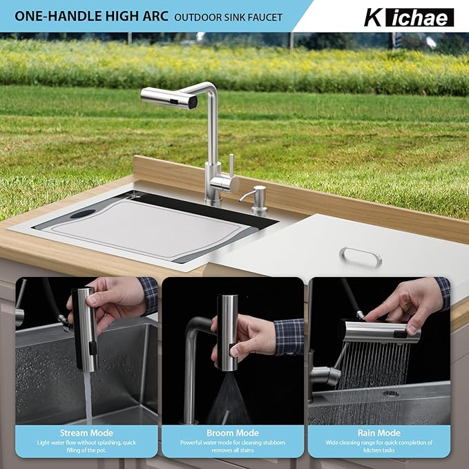 Kichae 21 Inch Outdoor Kitchen Sink - 21" x 20" Stainless Steel Drop Sink 16 Gauge with Pull Down Faucet Combo & Cover for Small Outdoor Kitchens, Bar Prep, and RV Use