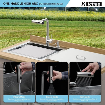 Kichae 21 Inch Outdoor Kitchen Sink - 21" x 20" Stainless Steel Drop Sink 16 Gauge with Pull Down Faucet Combo & Cover for Small Outdoor Kitchens, Bar Prep, and RV Use