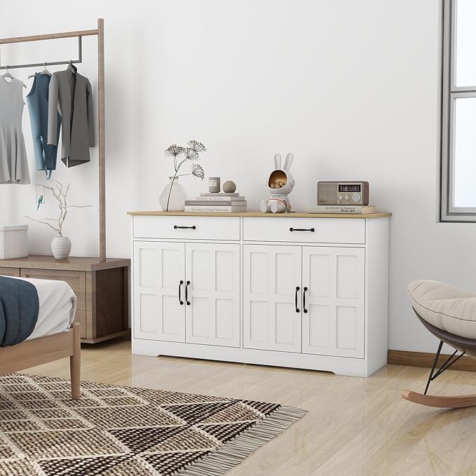 Locsear Sideboard Buffet Cabinet with Storage, 55" Large Kitchen Storage Cabinet with 2 Drawers and 4 Doors, Wood Coffee Bar Buffet Table Console for Kitchen Dining Room, White