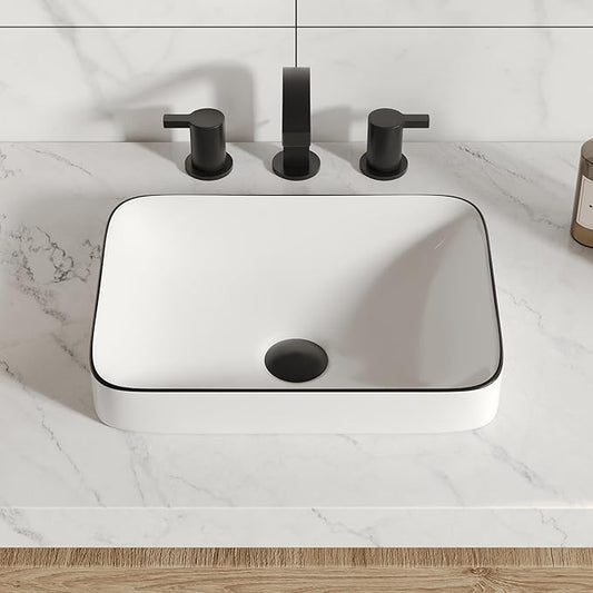 DeerValley Liberty 15.94x12.01 Inch Semi-Recessed Bathroom Vessel Sink, White Ceramic Rectangular Sink with Black Rim, Model DV-1V0347