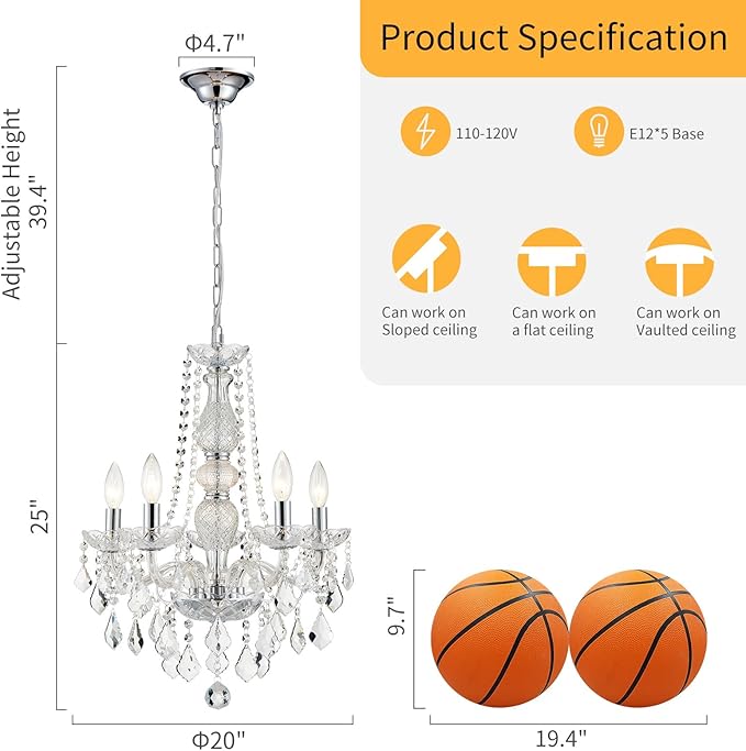 WUZUPS 5-Light Crystal Candle Chandelier Pendant Ceiling Light Modern Lighting Fixture for Bedroom Hallway Bar Kitchen Bathroom, H 25" W 20", E12 Base, Chrome