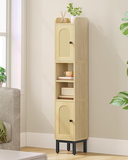 Hzuaneri Slim Bathroom Storage Cabinet, Narrow Bathroom Organizers and Storage with 4 Adjustable Feet, Laundry Room Organization for Small Space, Kitchen, Living Room, 2 Doors Rattan Yellow BC22402Y