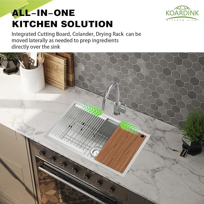 Kitchen Sink Workstation, 30x19 Inch Stainless Steel Drop In Kitchen Sink Modern Undermount Single Bowl Kitchen Sink Gift Combo-SS Grid,Drying Rack,Cutting Board,Utensil Rest, Drain Strainer Set