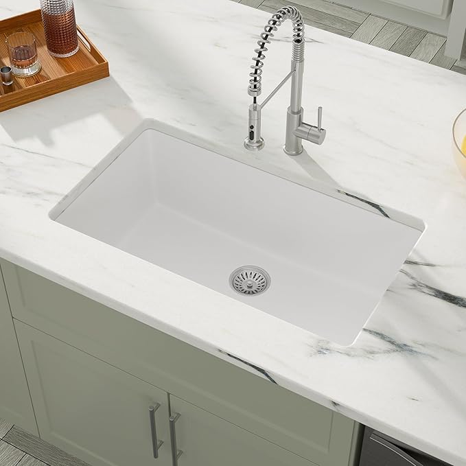 Dcolora 33 In. White Undermount Granite Composite Kitchen Sink, Single Bowl Quartz Sink, Deep Modern Kitchen Sink, 33" X 19" X 9.65"#DC-GU7750