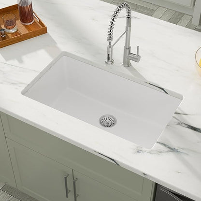 Dcolora 33 In. White Undermount Granite Composite Kitchen Sink, Single Bowl Quartz Sink, Deep Modern Kitchen Sink, 33" X 19" X 9.65"#DC-GU7750