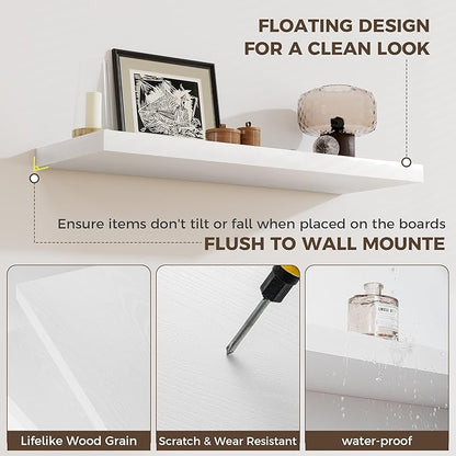 Fun Memories Deep Floating Shelves, 36" W x 12" D Wood Floating Shelves for Wall, 2 Pack Extra Deeper & Thicker Wall Mounted Storage Shelf for Living Room Laundry Room Kitchen Home Office, White