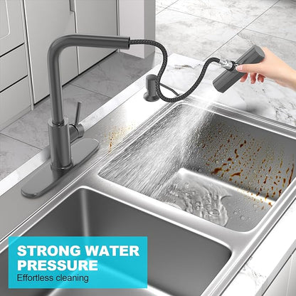 AVSIILE Waterfall Kitchen Faucets with Pull Down Sprayer & Soap Dispenser, Single Hole, Single Handle, Pull Out Tap, Stainless Steel Sink Faucet in Gray, Suitable for Farmhouse Camper Laundry Rv Bar