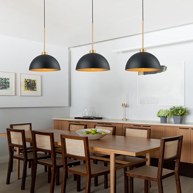2 Pack Farmhouse Kitchen Island Pendant Lights, Black and Gold Dome Pendant Light Fixture with Metal Shade, Industrial Hanging Lighting for Dining Room Entryway Foyer, Height Adjustable