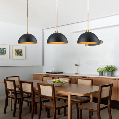 2 Pack Farmhouse Kitchen Island Pendant Lights, Black and Gold Dome Pendant Light Fixture with Metal Shade, Industrial Hanging Lighting for Dining Room Entryway Foyer, Height Adjustable