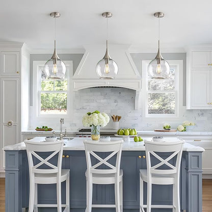 Pendant Lights Kitchen Island: 3 Pack Brushed Nickel Light Fixture Modern with Clear Glass - 10 Inch Mid Century Globe Kitchen Lighting Fixtures Ceiling for Bar