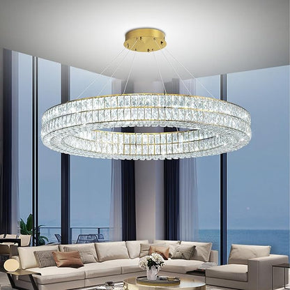 47.5 inch Large Ring Chandelier Gold Ring Pendant Light Round Crystal Chandelier for Dining Room Living Room Led Dimmable 2700k-6000k