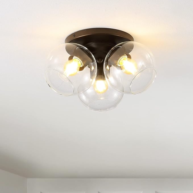 JONATHAN Y 11.5" Oil Rubbed Bronze 3-Light Semi Flush Mount Ceiling Light, Farmhouse Rustic Iron Fixture for Kitchen Bedroom, Clear Glass Shade, LED Bulbs Included JYL7568A