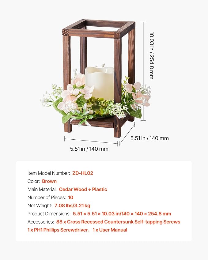 VEVOR 10 Set/30 Pcs Wooden Wedding Lantern Centerpiece, Includes 10 Wooden Lantern Candle Holder 10 Flameless LED Candle 10 Champagne Flower Wreath for Wedding Table Party Farmhouse Decor, Brown