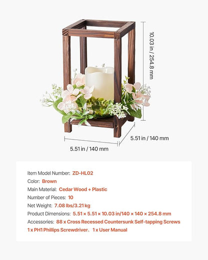 VEVOR 10 Set/30 Pcs Wooden Wedding Lantern Centerpiece, Includes 10 Wooden Lantern Candle Holder 10 Flameless LED Candle 10 Champagne Flower Wreath for Wedding Table Party Farmhouse Decor, Brown