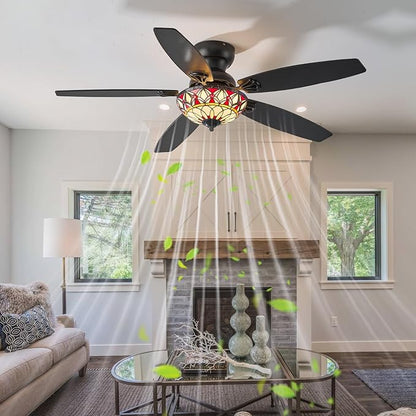 Tiffany Ceiling Fans with Lights - 52" Ceiling Fan Chandelier with 5 Dual-Blades and Glass Shade, 6 Speeds and Reversible, Indoor and Outdoor, Retro Style