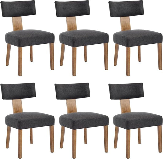Mid Century Modern Dining Chairs, Upholstered Linen Fabric Chairs with Curved Backrest and Wood Legs, Comfy Kitchen Vanity Chairs for Dining Room/Living Room/Kitchen, Set of 6 Grey