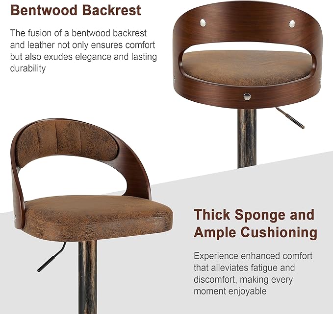 VECELO Bar Stool Set of 4, Kitchen Island Stools with Bentwood Back,Arm&Footrest,360°Swivel Counter Height Stools,PU Leather Cushion Seat Adjustable Height for Club Pub&Kitchen, Rustic Brown