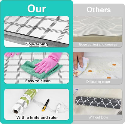 Drawer and Shelf Liner for Kitchen Cabinet,Non-Adhesive Cabinet Liner 18in x 30FT,Waterproof Shelf Paper Non-Slip Mats Cupboard Liners Contact Protect Dresser/Shelves/Table-White Stripes