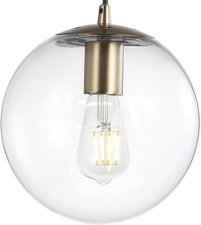 JONATHAN Y 7.75" Clear/Brass Gold Modern Globe LED Pendant Light, Industrial Hanging Ceiling Lamp for Kitchen Island, White Glass Globe Shade, LED Bulb Included (JYL9528C)