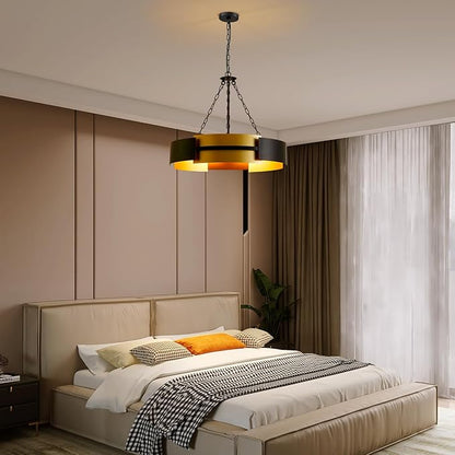 Modern Chandelier 26" Industrial Light Fixture Black and Gold 5-Light Large Drum Pendant Lighting for Dining Room Kitchen Island Office Living Room
