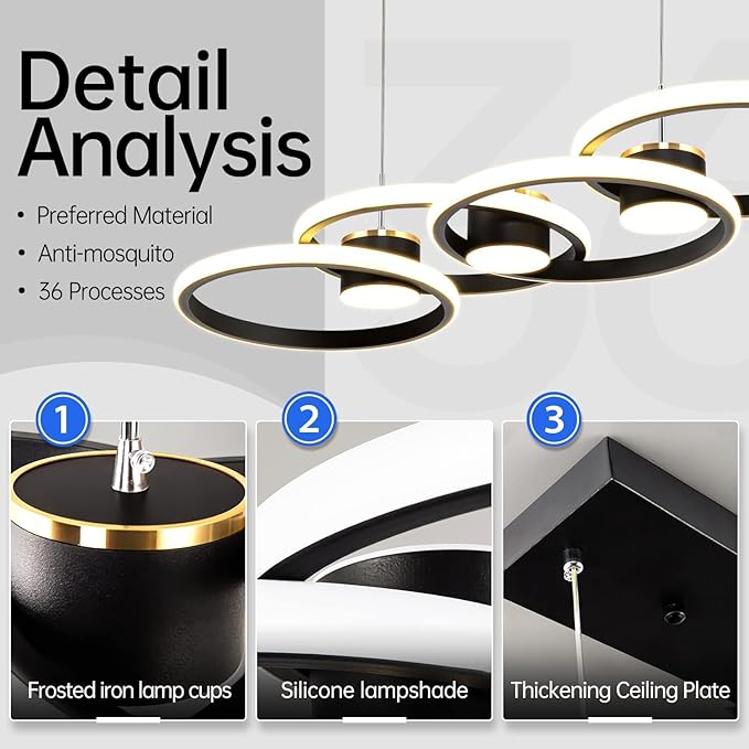 Modern LED Chandelier Light, 3000-6500K Dimmable Modern Pendant Light Fixture with Remote Control, Height-Adjustable Island Light Ceiling Hanging for Dining Room Kitchen (Black, 4Ring- 33IN)