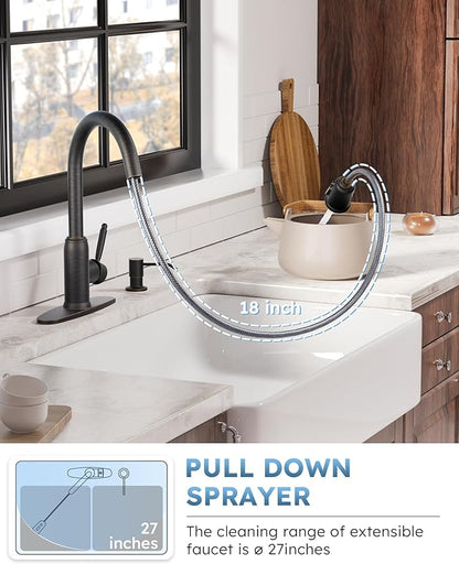 Bronze Kitchen Faucet with Soap Dispenser, WOWOW Stainless Steel Kitchen Faucet for Sink 2 or 4 Hole, High Arc Vintage Kitchen Sink Faucet with Pull Down Sprayer