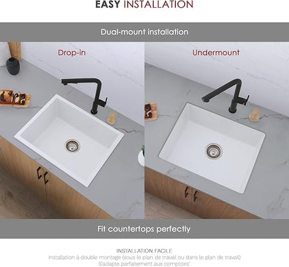 Stylish 22 x 17.5 Composite Granite Kitchen Sink, Single Bowl Under Mount & Drop in, 8.25 in Deep, Rear-Center Drain, with Strainer, White, S-822H