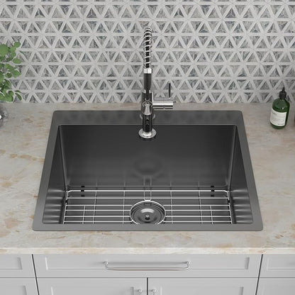 Kichae 25 Inch Black Laundry Sink - 25x22 Kitchen Sink Drop In Utility Sink 12" Deep Sink Topmount Single Bowl Stainless Steel RV Laundry Sinks Handmade with Accessories