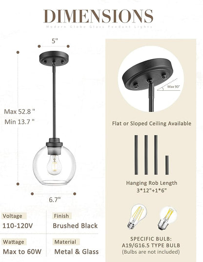 Matte Black Pendant Light, Mid Century Globe Haning Light Fixture Ceiling with Clear Glass for Kitchen Island Dining Room Bedroom Hallway Foyer (1 Pack), PL101BK