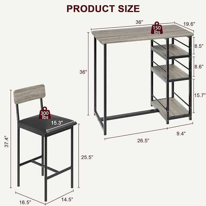 TrailBlaze Compact 3-Piece Dining Table Set for 2 with 3 Storage Shelves, Upholstered Chairs - Space-Saving Kitchen & Bar Table - Perfect for Apartment or Small Dining Room - Rustic Grey - 1+2 Set