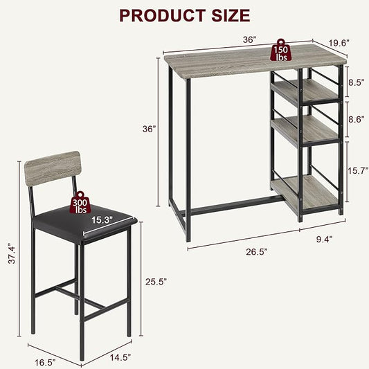 TrailBlaze Compact 3-Piece Dining Table Set for 2 with 3 Storage Shelves, Upholstered Chairs - Space-Saving Kitchen & Bar Table - Perfect for Apartment or Small Dining Room - Rustic Grey - 1+2 Set