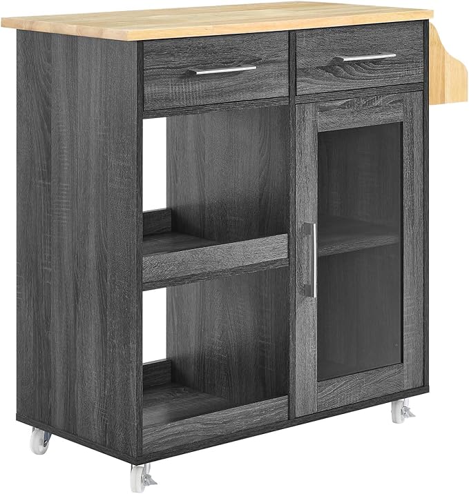 Modway Culinary Rolling Kitchen Cart with Storage in Charcoal Natural - 3 Tiers Kitchen Island on Wheels with Spice Rack, Functional as a Coffee Station, Bar Cabinet or Butcher Block Island
