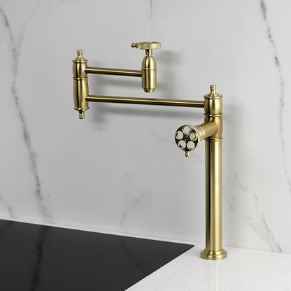 Kingston Brass KS3707RKZ Wendell Two-Handle 1-Hole Deck Mount Pot Filler Faucet with Knurled Handle in Brushed Brass