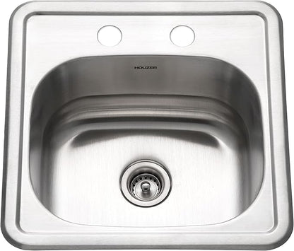 Houzer Hospitality Stainless Steel Bar & Prep Sink: 15 Inch Drop-In Topmount 2-Hole Sink for Bar & Kitchen, Durable & Versatile, Essential for Home & Apartment: 1515-6BS-1