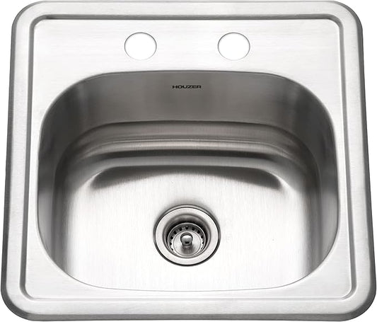 Houzer Hospitality Stainless Steel Bar & Prep Sink: 15 Inch Drop-In Topmount 2-Hole Sink for Bar & Kitchen, Durable & Versatile, Essential for Home & Apartment: 1515-6BS-1