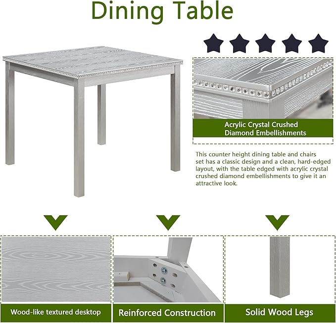5 Piece Dining Table Set for 4, Square Wooden Kitchen Table with 4 Upholstered Chairs, Elegant Silver Grey Dining Room Set with Crystal Decoration