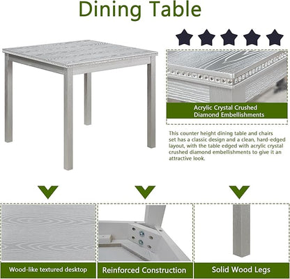 5 Piece Dining Table Set for 4, Square Wooden Kitchen Table with 4 Upholstered Chairs, Elegant Silver Grey Dining Room Set with Crystal Decoration