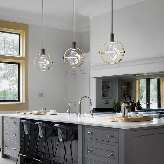 Modern Crystal Pendant Light in Black Mini Dimmable Integrated LED Light Fixtures Metal Rod Ceiling Black Gold Chandelier for Kitchen Island Bedroom Dining Room Bar(1-Lights)