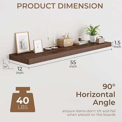 RICHFOCUS Deep Floating Shelves for Wall 2 Pack 12" D 55 Inch Wall Shelves for Room Wall|Wood Hanging Shelf with Invisible Brackets for Bathroom Bedroom Kitchen Laundry Room, Walnut