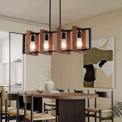 32" Farmhouse Kitchen Island Lighting Adjustable Dining Room Light Fixtures, 4-Light Rustic Wood and Black Metal Rectangular Chandelier Modern Pendant Lighting for Kitchen Island, Cafe