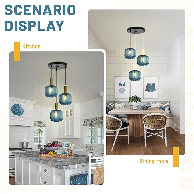 3-Light Modern Industrial Pendant Light Fixture, Adjustable Hanging Chandelier with Blue Striped Glass Shades for Kitchen Island, Dining Room, Bedroom, Black & Gold Metal Ceiling Light