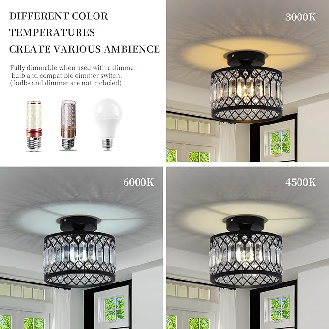 GreeLustr Crystal Black Ceiling Light Fixture, Modern Semi Flush Mount Ceiling Light, Round Hallway Chandelier Lighting for Foyer Bedroom Entryway Laundry Room, 1-Light, E26 (Bulb not Included)