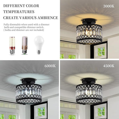 GreeLustr Crystal Black Ceiling Light Fixture, Modern Semi Flush Mount Ceiling Light, Round Hallway Chandelier Lighting for Foyer Bedroom Entryway Laundry Room, 1-Light, E26 (Bulb not Included)