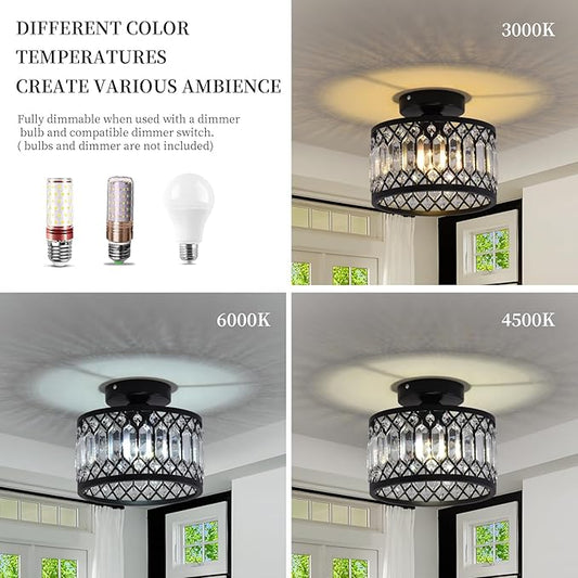 GreeLustr Crystal Black Ceiling Light Fixture, Modern Semi Flush Mount Ceiling Light, Round Hallway Chandelier Lighting for Foyer Bedroom Entryway Laundry Room, 1-Light, E26 (Bulb not Included)